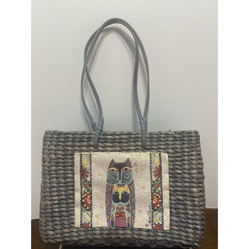 Sun 'n' Sand Laurel Burch Wicker Purse Handbag, Three Cats Tote Bag 11" x 8" x 3